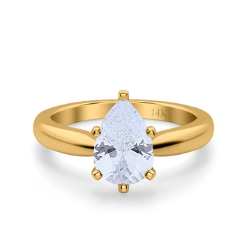 14K Yellow Gold Solitaire Teardrop Simulated Cubic Zirconia Wedding Ring